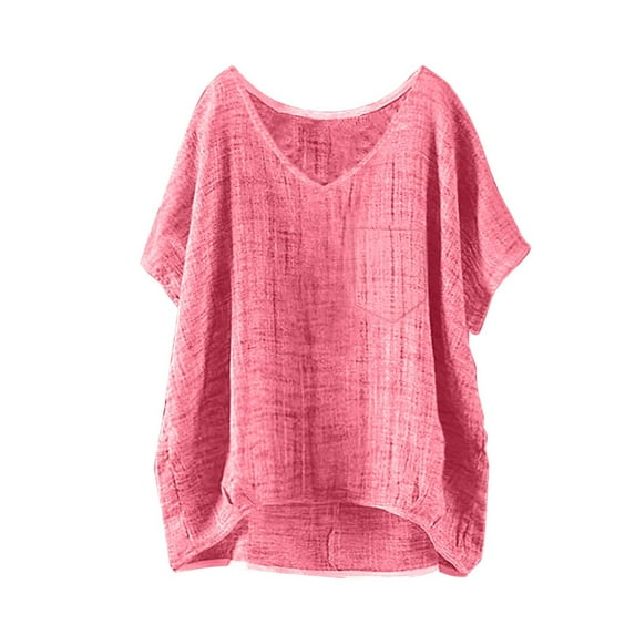 LIZUOJUN Women's Casual V-Neck Linen Blend Batwing Sleeve Blouse with Pocket Loose Fit High Low Hem Tunic Tops for Summer Watermelon red 2XL