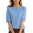 thumbnail image 1 of LIZUOJUN Women's Cotton Knit Top Solid Crew Neck Short Sleeve Lightweight Loose Fit Casual Basic Blouse, Soft Summer Tee Shirt for Daily Wear Sky Blue 2XL, 1 of 9