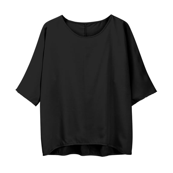 LIZUOJUN Women's Cotton Linen Shirts ound Neck Elbow Sleeve Blouse Casual Loose Solid Color High Low Hem Tunic Tops Black 4XL
