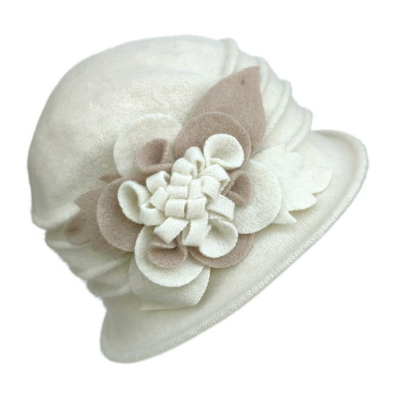 LIZUOJUN Women's Elegant Retro Wool Cloche Hat Bucket Winter Hat with Bow Knot and Flower Warm Winter Thermal Headwear Beige One Size