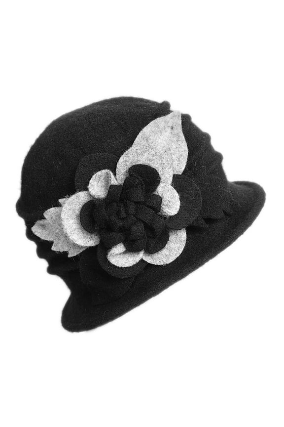 Women's Elegant Retro Wool Cloche Hat Bucket Winter Hat with Bow Knot and Flower Warm Winter Thermal Headwear Black One Size
