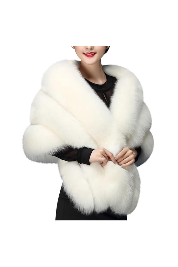 Women's Faux Fur Shawl Wrap Stoles Solid Color Warm Long Wrap Scarf for Bridal Wedding Dresses , Evening Party, and Formal Events White One Size