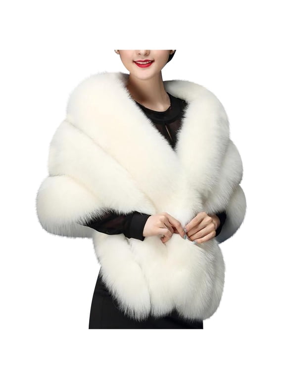 Women's Faux Fur Shawl Wrap Stoles Solid Color Warm Long Wrap Scarf for Bridal Wedding Dresses , Evening Party, and Formal Events White One Size