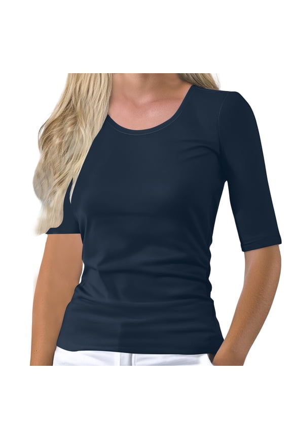 Women's Half Sleeve Tops Solid Color Round Neck Elbow Sleeve Fitted T-Shirt Polyester & Spandex Blend NavyM