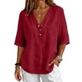 thumbnail image 1 of LIZUOJUN Women's Mid sleeve T-shirt Casual Button Down Washed Cotton LinenMiddle Length Sleeve Tops Casual Button Round Neck Loose Summer Top T Shirt,Wine XL, 1 of 6