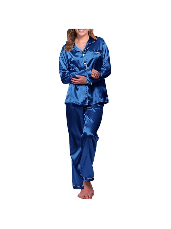 Women's Pajama Set 2 Piece Lounge Set Button Up Loungewear Soft Sleepwear Soft Lightweight Long Sleeved Pants Set, Blue,M
