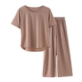 thumbnail image 1 of LIZUOJUN Women's Pajama Set 2 Piece Lounge Set Ice-creased Wrinkled Silk Relaxed Loose Short Sleeve Top & Wide-Leg Pants for Summer, Khaki,XXXL, 1 of 4