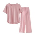 thumbnail image 1 of LIZUOJUN Women's Pajama Set 2 Piece Lounge Set Ice-creased Wrinkled Silk Relaxed Loose Short Sleeve Top & Wide-Leg Pants for Summer, Pink,XL, 1 of 4