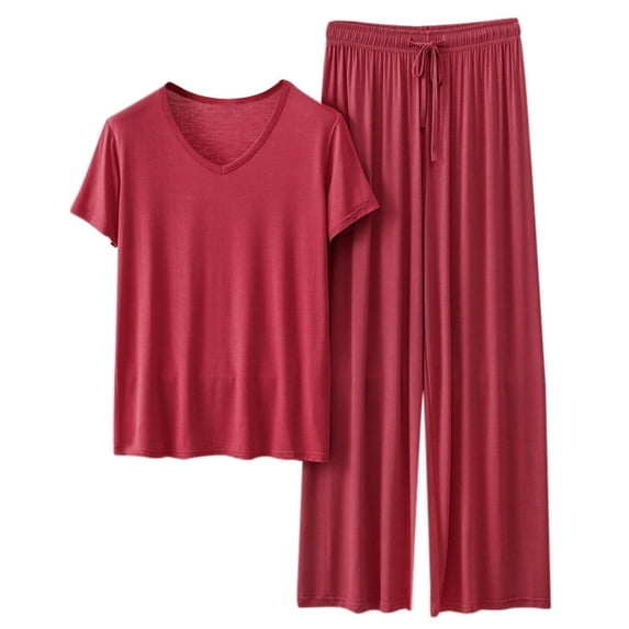 LIZUOJUN Women's Pajama Set 2 Piece Lounge Set Loungewear Soft Sleepwear Large Size Round Neck Short Sleeve Shirt With Long Pants, Red,XXL