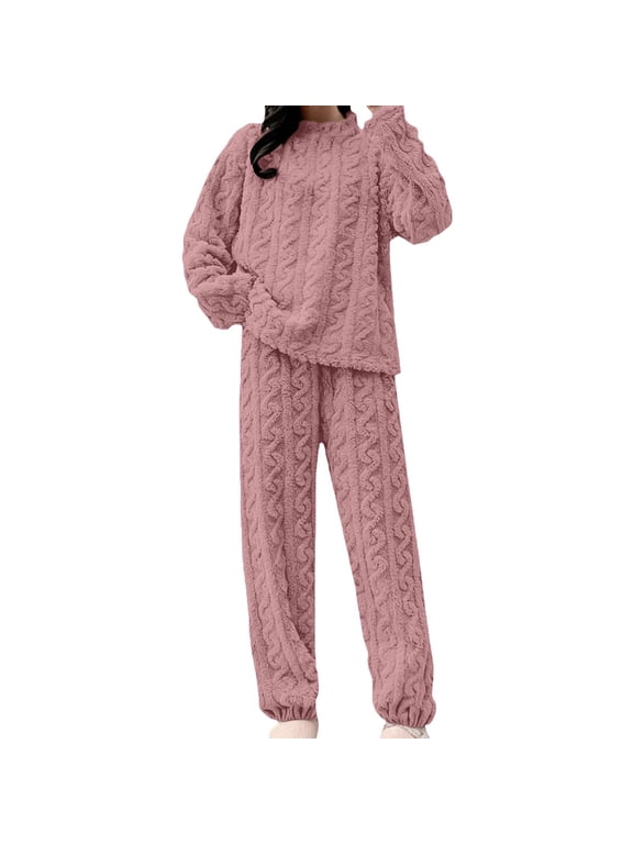 Women's Pajama Set 2 Piece Lounge Set Loungewear Soft Sleepwear Long Sleeve Pants Set Fuzzy Warm Cozy Winter Sets, Pink,One Size
