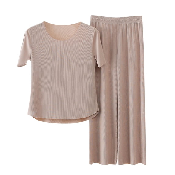 LIZUOJUN Women's Pajama Set 2 Piece Lounge Set Loungewear Soft Sleepwear Summer Casual Loose Short Sleeve Shirt With Long Wide Leg Pants, Khaki,XXXXL