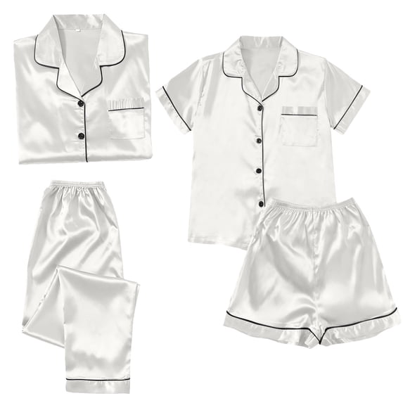 LIZUOJUN Women's Pajama Set 4 Piece Lounge Set Loungewear Soft Sleepwear Button Down Notch Collar Top Piped Trim Long Pants & Shorts, White,XXXL