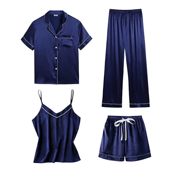 LIZUOJUN Women's Pajama Set 4 Piece Lounge Set Loungewear Soft Sleepwear Button Down Short Sleeve Top Spaghetti Strap Cami Shorts Long Pants Soft, Navy,L