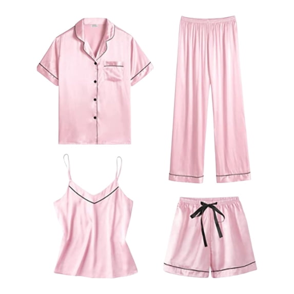 LIZUOJUN Women's Pajama Set 4 Piece Lounge Set Loungewear Soft Sleepwear Button Down Short Sleeve Top Spaghetti Strap Cami Shorts Long Pants Soft, Pink,M