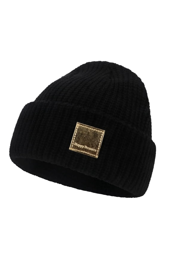 Women's Ribbed Knit Cuffed Warm Beanie Light Blue Winter Hat with Warm Fold-Over Ear Protection Cap Black One Size