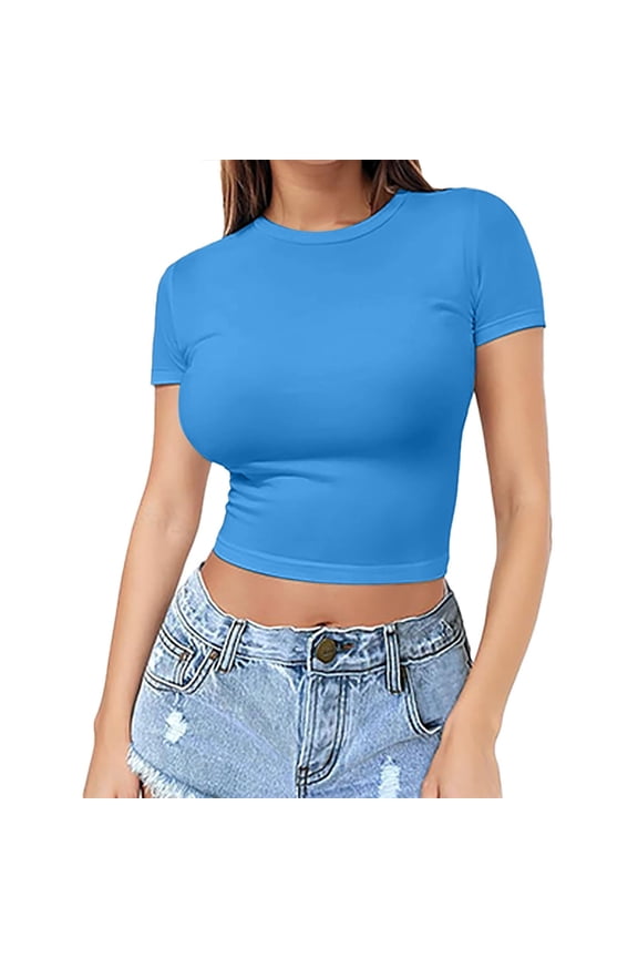 Women's Short Sleeve Crew Neck Crop Top Polyester Spandex Stretch Slim Fit Basic T-Shirt K XS