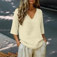thumbnail image 1 of LIZUOJUN Women's Short sleeve T-shirt Linen Blend 3/4 Sleeve Blouse V Neck Casual Loose Solid Color Shirts for Women,Beige L, 1 of 7