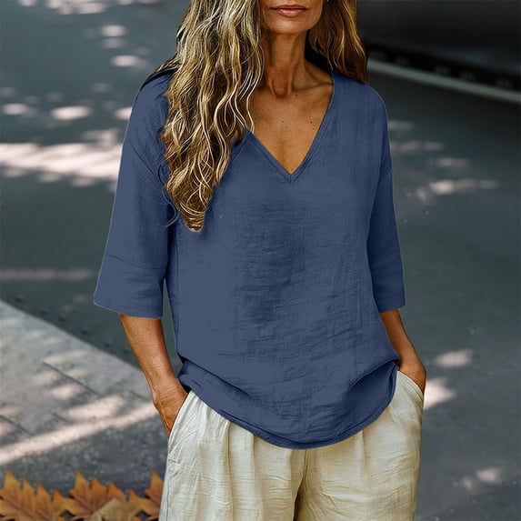 LIZUOJUN Women's Short sleeve T-shirt Linen Blend 3/4 Sleeve Blouse V Neck Casual Loose Solid Color Shirts for Women,Navy XL