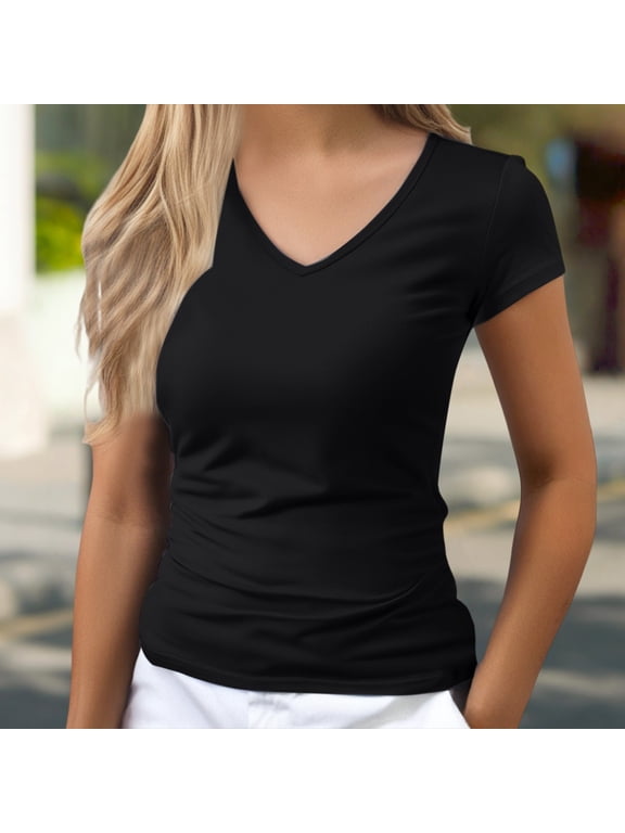 Women's Short sleeve T-shirt Slim Fit V Neck Basic Tops Solid Color Casual Lightweight Summer Shirts,Black L