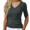thumbnail image 1 of LIZUOJUN Women's Solid Color V-Neck Elbow Length Tee Shirts Fitted T-Shir Half Sleeve Basic Tees Polyester & Spandex Blend B 4XL, 1 of 9