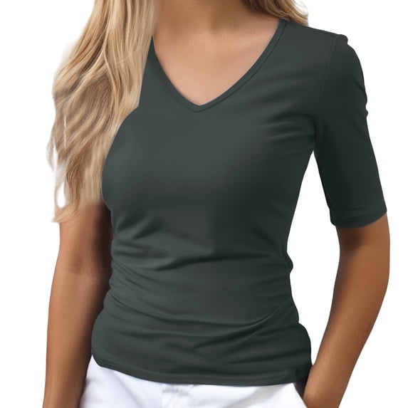 LIZUOJUN Women's Solid Color V-Neck Elbow Length Tee Shirts Fitted T-Shir Half Sleeve Basic Tees Polyester & Spandex Blend B 4XL