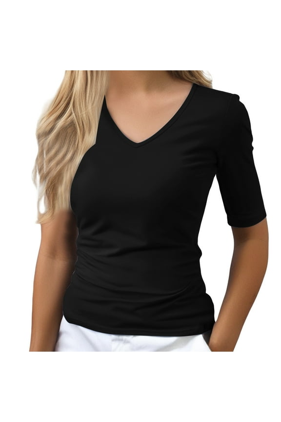 Women's Solid Color V-Neck Elbow Length Tee Shirts Fitted T-Shir Half Sleeve Basic Tees Polyester & Spandex Blend Black XL