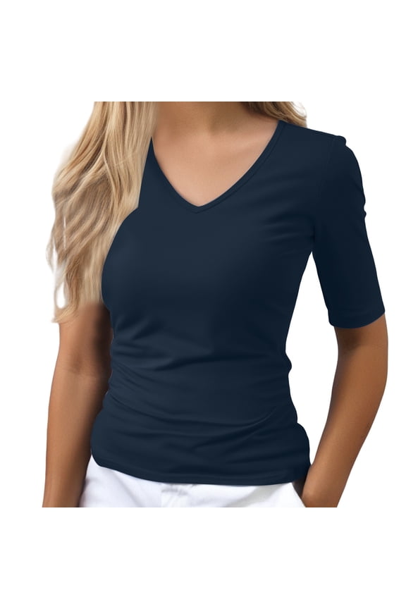 Women's Solid Color V-Neck Elbow Length Tee Shirts Fitted T-Shir Half Sleeve Basic Tees Polyester & Spandex Blend Navy L/(2个点)