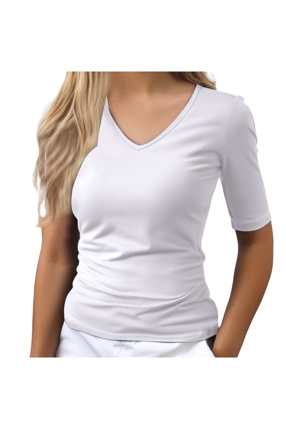Women's Solid Color V-Neck Elbow Length Tee Shirts Fitted T-Shir Half Sleeve Basic Tees Polyester & Spandex Blend White 2XL