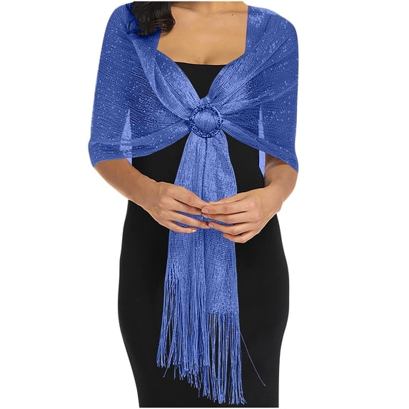 LIZUOJUN Women's Sparkling Metallic Shawls and Wraps Polyester Wraps with Rhinestone Buckle & Fringefor Evening Party/Wedding/Formal Dresses Blue