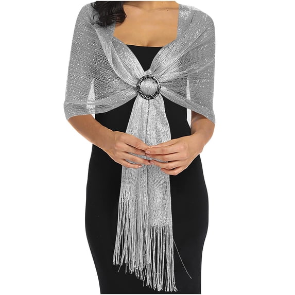 LIZUOJUN Women's Sparkling Metallic Shawls and Wraps Polyester Wraps with Rhinestone Buckle & Fringefor Evening Party/Wedding/Formal Dresses Silver