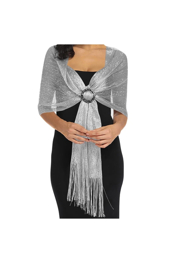 Women's Sparkling Metallic Shawls and Wraps Polyester Wraps with Rhinestone Buckle & Fringefor Evening Party/Wedding/Formal Dresses Silver