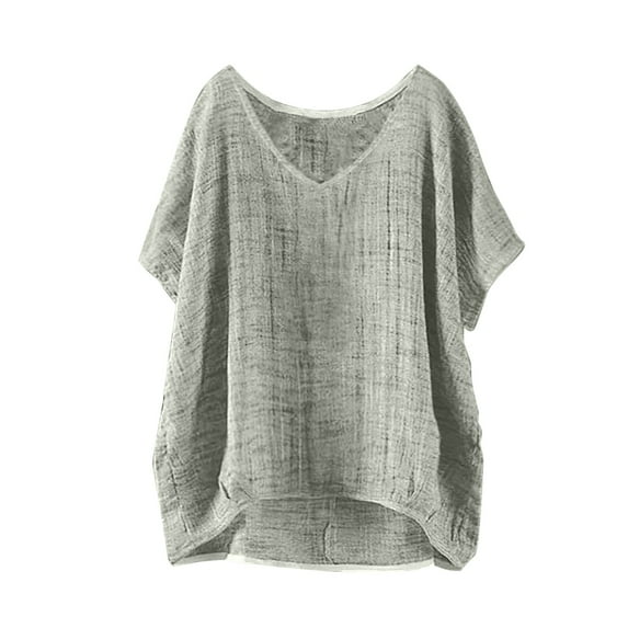 LIZUOJUN Women's Tops Casual V-Neck Linen Blend Batwing Sleeve Blouse Loose Fit High Low Hem Tunic Tops for Summer Grey 3XL