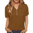 thumbnail image 1 of LIZUOJUN Women’s V-Neck Short Sleeve Henley Shirt Cotton Linen Blend Casual Summer Tee Breathique Soft Knit Button Detail Coffee M, 1 of 8