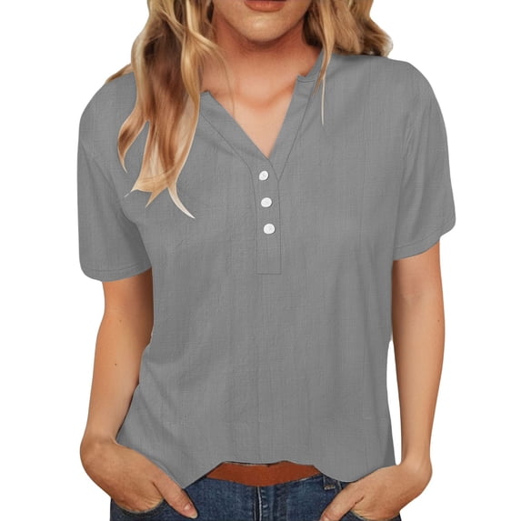 LIZUOJUN Women’s V-Neck Short Sleeve Henley Shirt Cotton Linen Blend Casual Summer Tee Breathique Soft Knit Button Detail Grey S