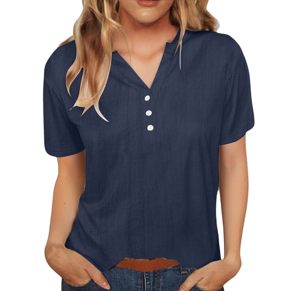 LIZUOJUN Women’s V-Neck Short Sleeve Henley Shirt Cotton Linen Blend Casual Summer Tee Breathique Soft Knit Button Detail Navy 2XL