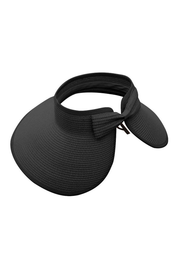 Women's Wide Brim Straw Visor Roll-Up Open Top Sun Hat Ponytail Hats for Foldable Beach Cap with Bow for Outdoor Activities Black One Size