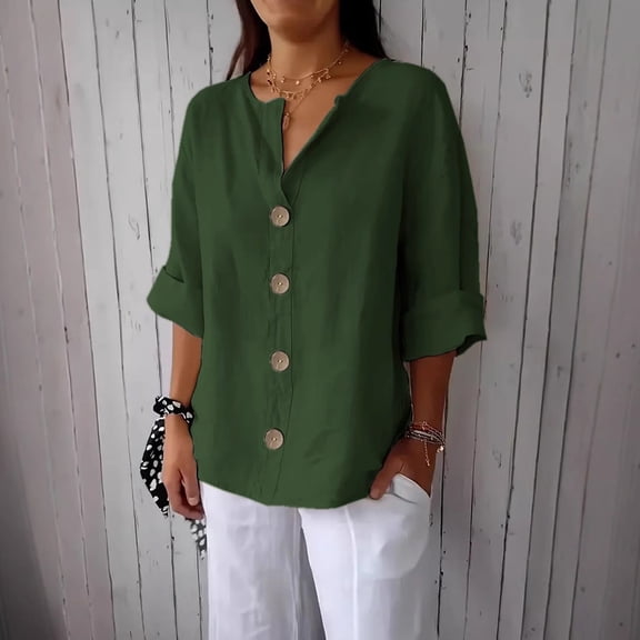LIZUOJUN Womens 3/4 Sleeve Blouse Summer Blouse V Neckline Three Quarter Length Roll Up Sleeve Lightweight for Versatile Use,Green XXL