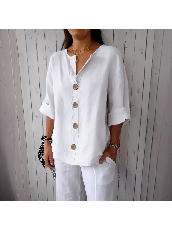 Womens 3/4 Sleeve Blouse Summer Blouse V Neckline Three Quarter Length Roll Up Sleeve Lightweight for Versatile Use,White XXL