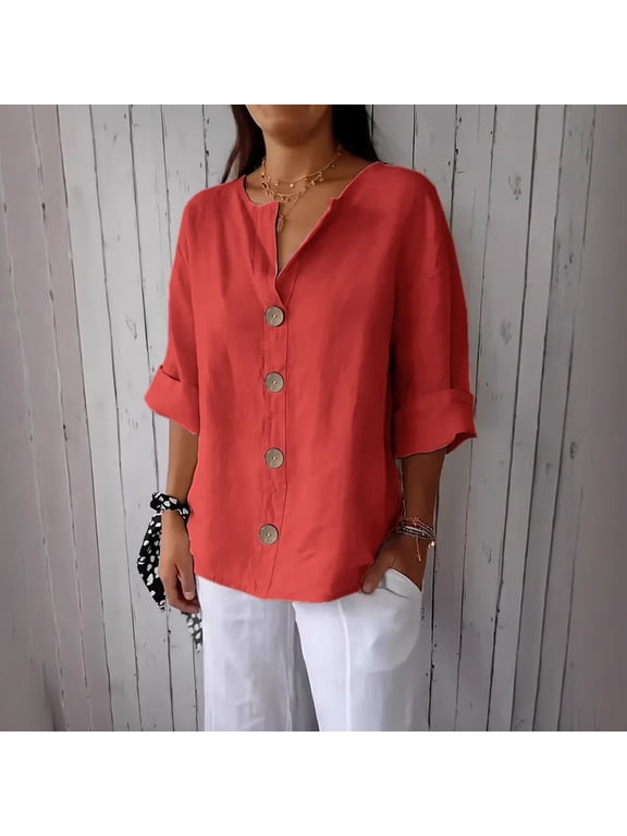 Womens Cotton Linen Shirt Deep V Neck Woven Top with Roll Tab Cuff Patch Pocket Casual for Resort or Everyday Relaxed Wear,Red XL