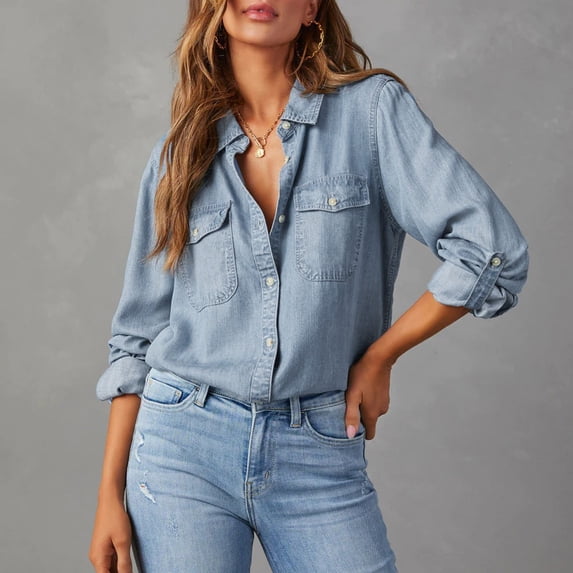 LIZUOJUN Womens Denim Shirt Washed Cotton Chambray Button Down with Chest Pocket for Fall or Everyday Wear,Blue L