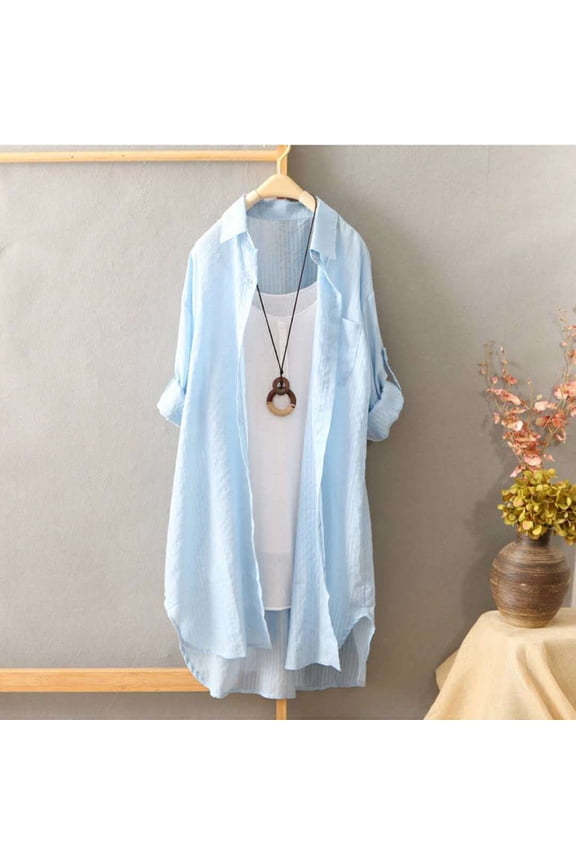 Womens High Low Hem Tunic Sheer Mesh Kimono Long Cardigan Open Front with Side Slit for Pool or Everyday Cover Up,Blue L