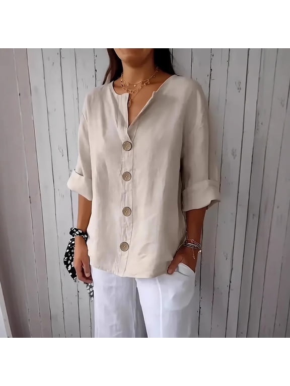 Womens V Neck Button Down Relaxed Fit Linen Blend Tunic Side Vents Soft Breathable for Daily Comfort or Travel,Beige XXL