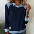 thumbnail image 1 of LIZUOJUNF Denim Shirt Casual Patchwork Waffle Knit Shirts Pullover Casual Loose Button Tops Button Collared Long Sleeve Work Office Solid Blouses, 1 of 7