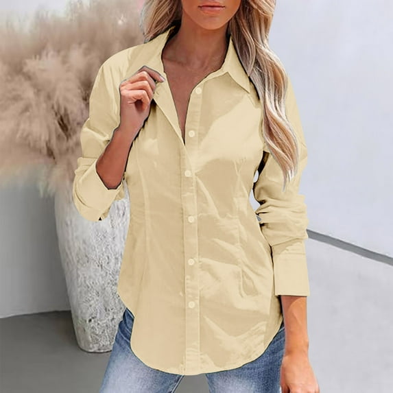LIZUOJUNF Dress Shirts Button Down Shirt Work Wear Wrinkle Free Collared Work Office Solid Blouses Stand Collar Long Sleeve Loose Tees