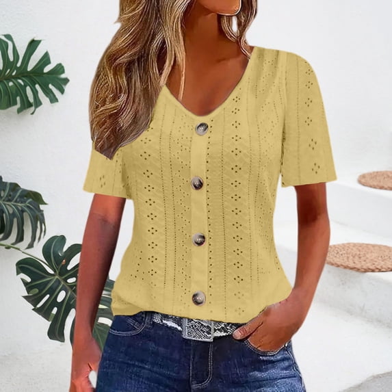 LIZUOJUNF Dresses for Women Round Neck Short Sleeve Blouses Casual Loose Flowy Summer Tops Going Out Shirts with Button Details