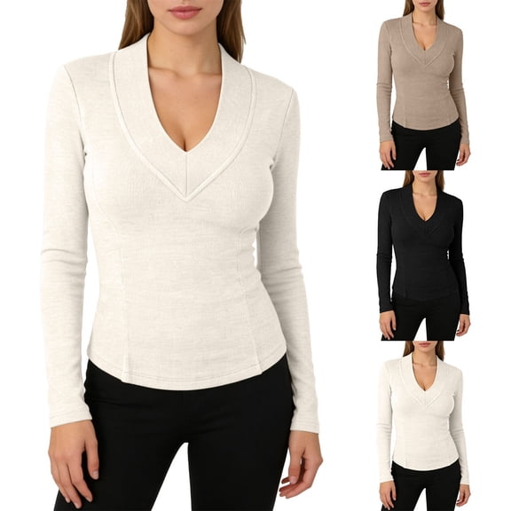 LIZUOJUNF Long Sleeve Shirts for Women V Neck Ribbed Knit Fitted Fall Basic Tshirts Going Out Tops 2026 Casual Trendy Clothes