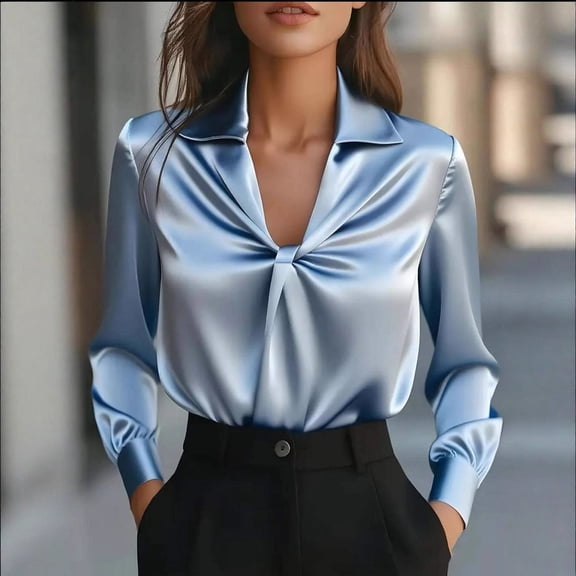 LIZUOJUNF Satin Blouses for Women Silk Striped Button Down Shirts V Neck Long Sleeve Business Office Blouses Fashion Spring Shirts