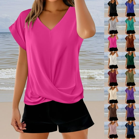 LIZUOJUNF Solid Color T Shirt Elegant Top V Neck Short Sleeve Work Business Vacation Clothes 2026