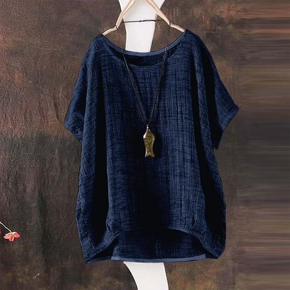 LIZUOJUNF Summer Savings Blue Womens Tops Blouse Womens' Summer Short Sleeve Solid Casual Loose Linen Top Womens' Button Down Shirt