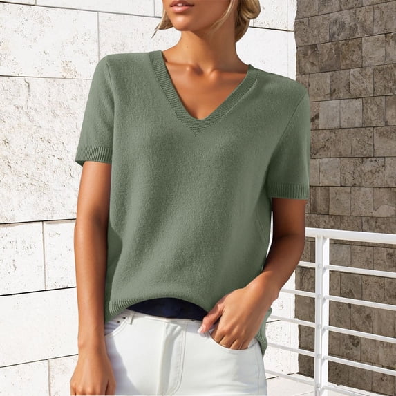 LIZUOJUNF Sweater for Women V Neck Trendy Summer Tops 2026 Round Neck Short Sleeve Trendy Tunic Blouses